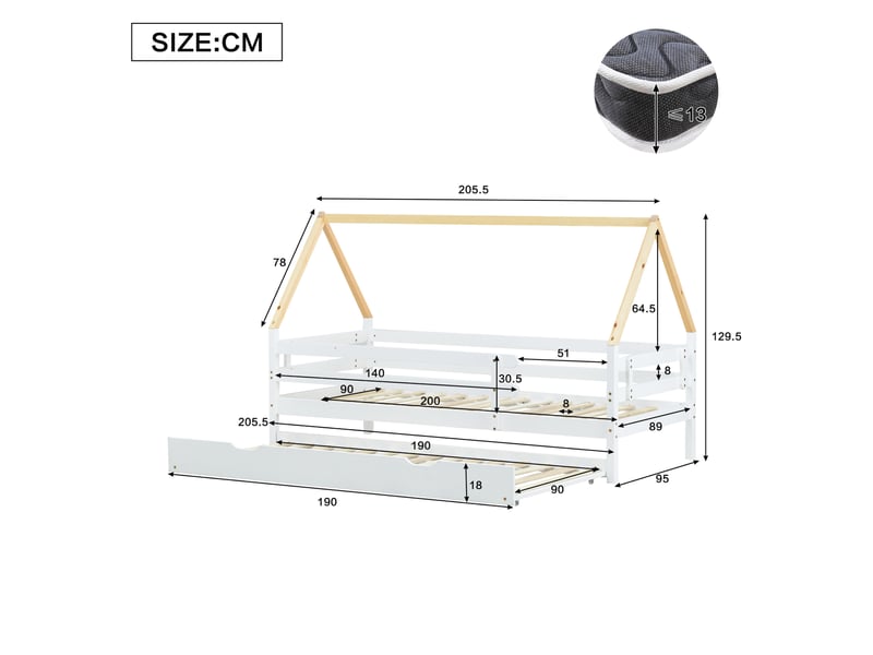  Lit cabane enfant gigogne 90x200 cm et 90x190 cm, blanc et naturel  - Conforama E