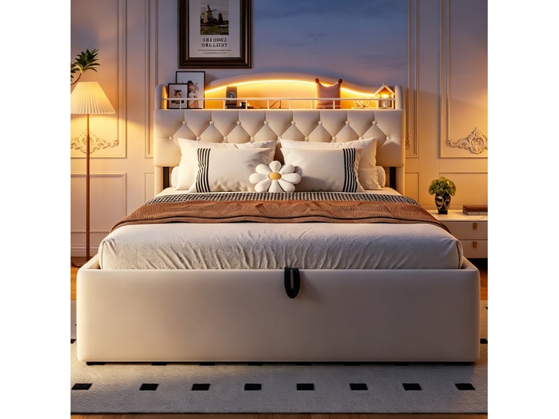  Lit coffre 140x200 cm led usb usb-c, rangement tête de lit, sommier métal, velours sans matelas beige  - Conforama D