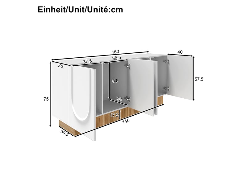  Buffet à structure u - 4 portes,grand rangement - rangement stylé salonsalle à manger-160x75x38 cm  - Conforama D
