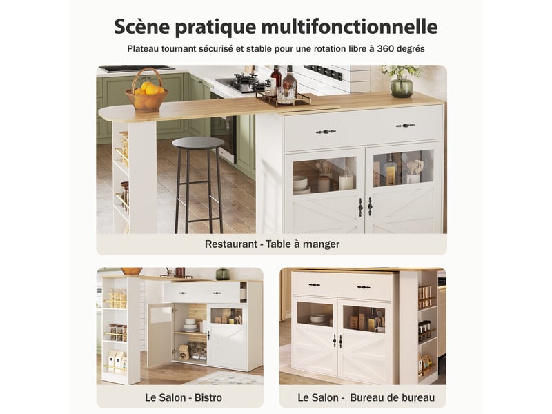  Table de bar 138-204x39x104 cm pivotante 360° avec rangement, blanc et bois  - Conforama R