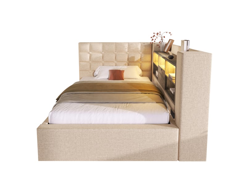  Lit coffre 90x200 cm avec led et usb, tissu lin beige  - Conforama R