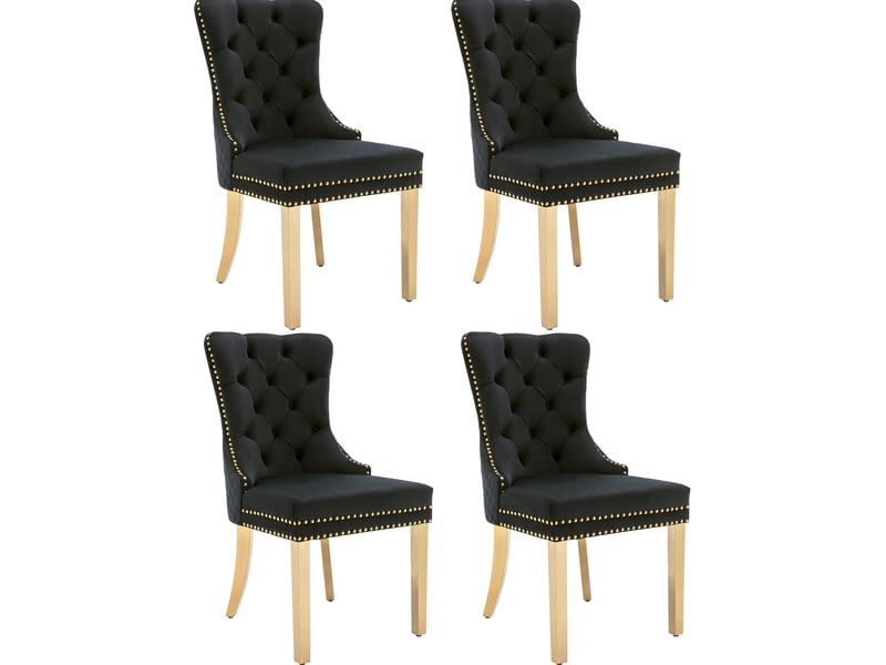  Chaise de salle à manger, lot de 4, velours noir, pieds en acier inoxydable doré  - Conforama A