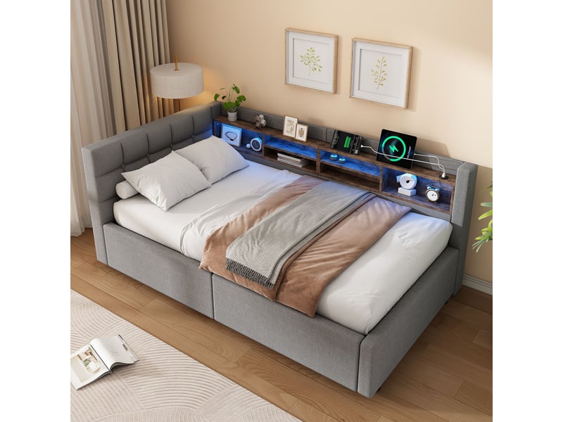 Lit banquette 90x200 cm avec coffre hydraulique-led dimmable et prise usb-tête de lit avec étagères-sommier à lattes-gris - Conforama B
