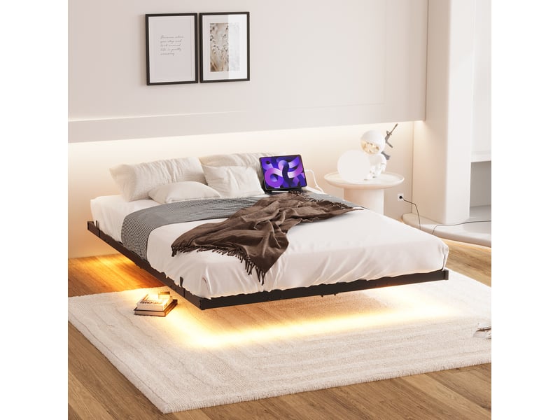  Lit double 120x200 cm éclairage led et station de charge en métal noir  - Conforama C