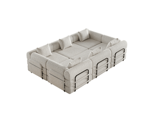 Canapé modulable convertible 6 places en tissu kaki avec rangement d'accoudoir, pour intérieur flexible et accueillant