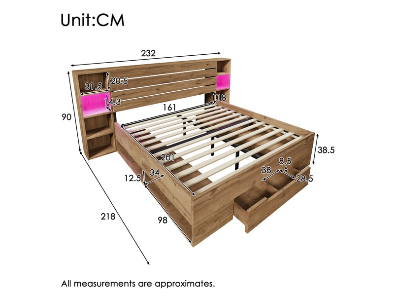  Lit double 160x200 cm avec rangements, tête de lit avec étagères, led, usb et usb-c, 2 tiroirs, sommier à lattes - effet chêne  - Conforama E