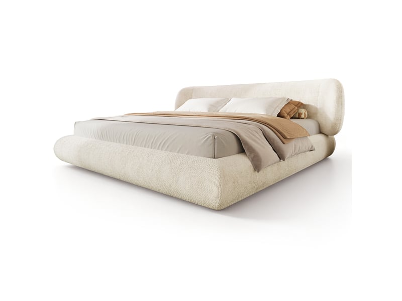  Lit rembourré 140 × 190 cm 2 places avec tête de lit, sans matelas, en chenille beige, bords arrondis  - Conforama A