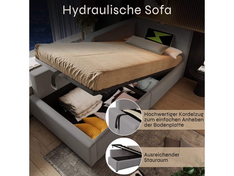  Lit de jour velours gris 90x190 cm lit coffre avec rangement, lampe de lecture et port usb-c  - Conforama D