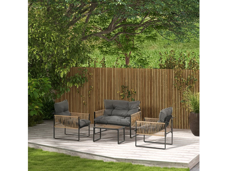  Salon de jardin 4 pièces en résine tressée gris foncé, 2 fauteuils, canapé 2 places et table basse en verre  - Conforama B