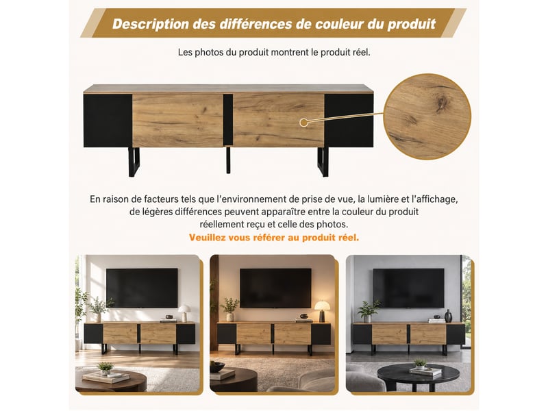  Meuble tv 180 cm décor bois et noir avec 2 portes, niches latérales et charnières soft-close, pour tv 75 pouces  - Conforama E