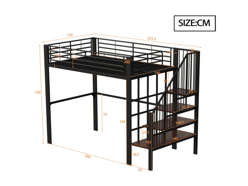  Lit mezzanine 140x200cm coloris noir métal et bois massif lit enfant noir - Conforama C