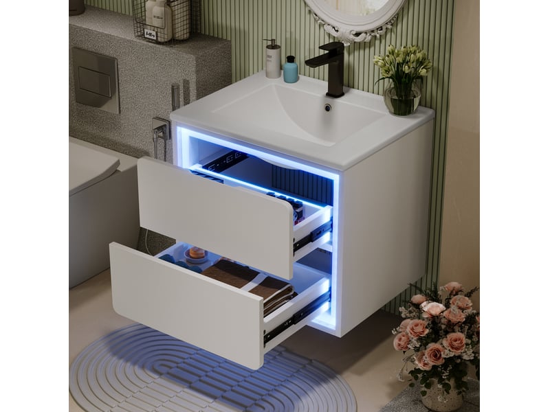 Meuble de salle de bains mural moderne 60x46x50 cm avec éclairage led, armoire de rangement avec 2 tiroirs, mdf blanc - Conforama E