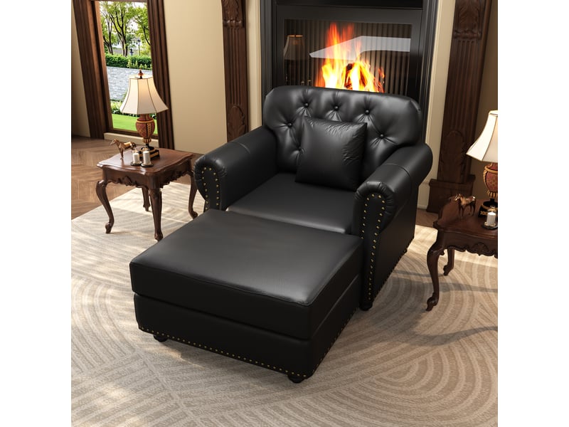  Fauteuil chesterfield 1 place + pouf en simili cuir noir, capitonné, 105 cm Fay Lum - Conforama B