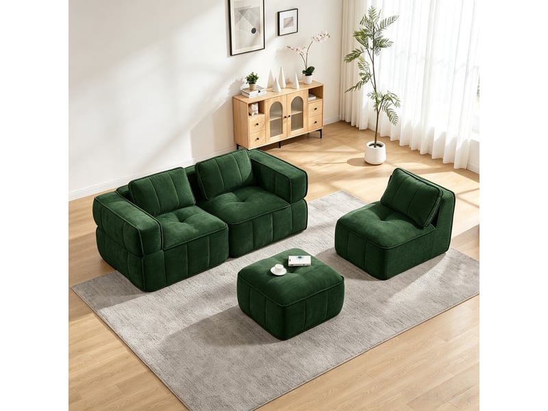  Sofa d'angle 3 places, avec repose-pieds, mousse 32d, assise profonde, revêtement doux, 271×162×67 cm, vert  - Conforama D