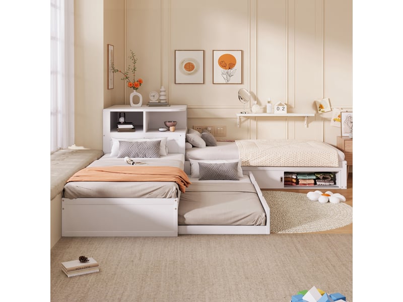  Lit superposé en l 90x200 cm avec lit gigogne, rangements coulissants et veilleuse led, blanc, sans matelas  - Conforama W