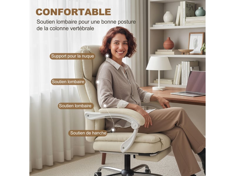  Chaise bureau ergonomique, fauteuil de bureau avec dossier inclinable, hauteur réglable, 64x73x112-120cm, beige  - Conforama E