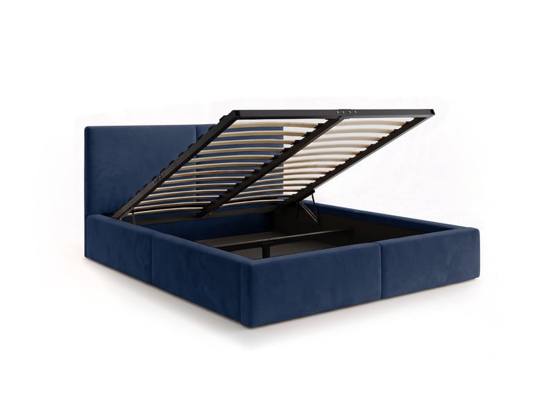  Lit coffre rembourré 120x200 2 places avec sommier relevable gratuit inclus et tête de lit - lit adulte avec rangement – bleu Hilton Interbeds - Conforama A