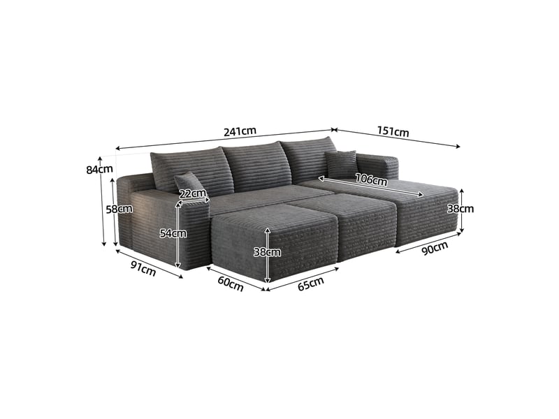  Canapé d'angle modulable 5 places 241x151x58 cm velours côtelé noir sans montage assise profonde effet nuage,gris ABC - Conforama C
