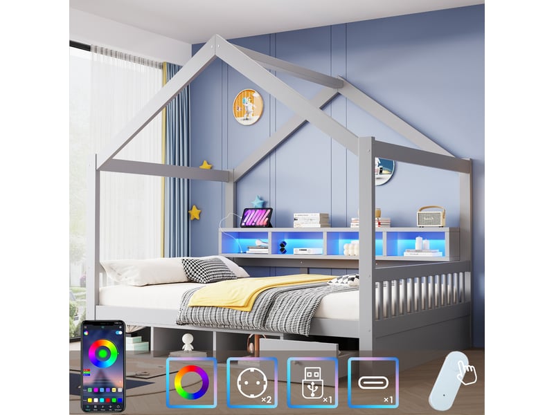  Lit cabane au sol 140x200cm avec toit, garde-corps, étagères, rangements, tiroirs, led, prise et sommier à lattes, bois, gris evarich - Conforama D