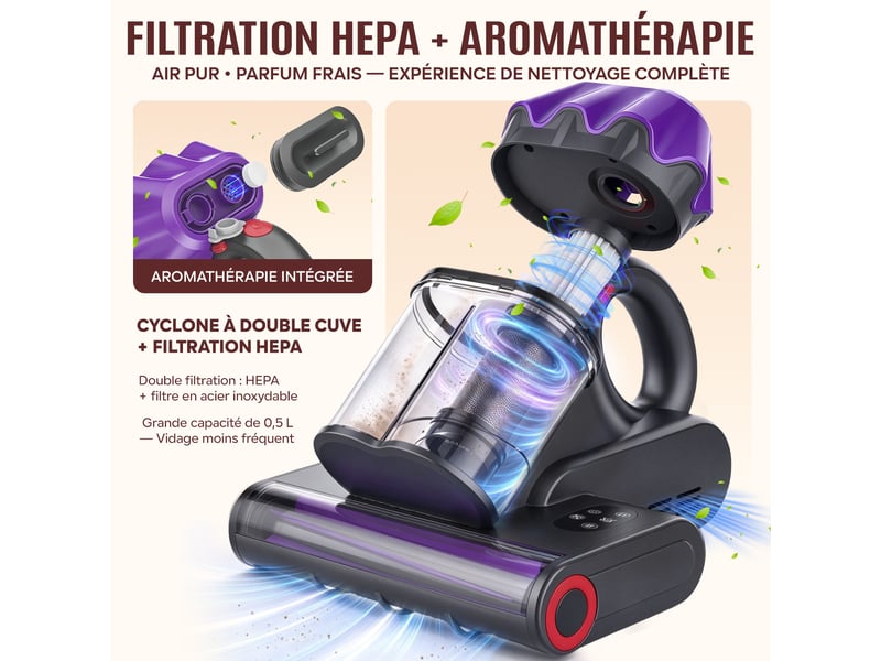  M2 aspirateur anti-acariens 550w 16kpa matelas uv-c stérilisation air chaud filtration hepa aromathérapie câble 5m M2 - Conforama W