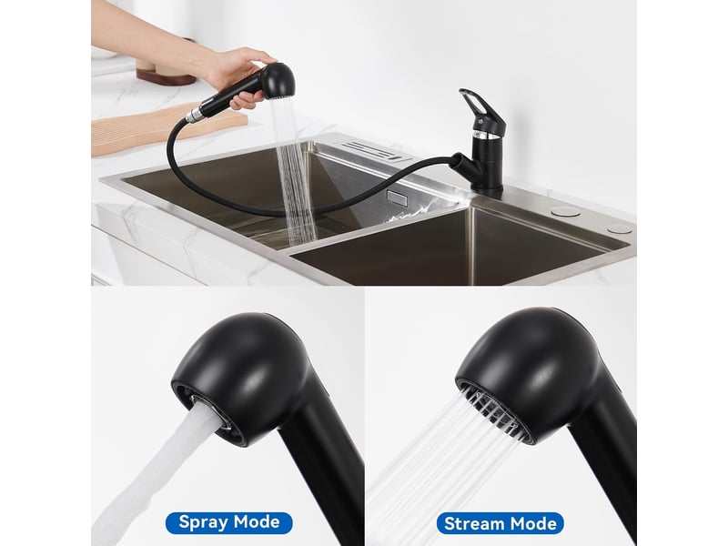 Robinet de cuisine noir avec douchette extractible, rotation à 360°, sortie d'eau chaude et froide monotrou, convient aux éviers, cuisines ou lavabos - Conforama B