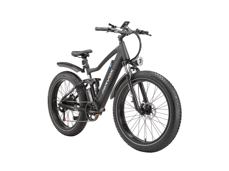 Vélo électrique farvox mx1, fatbike 26, 624 wh, double suspension, noir et bleu - Conforama D