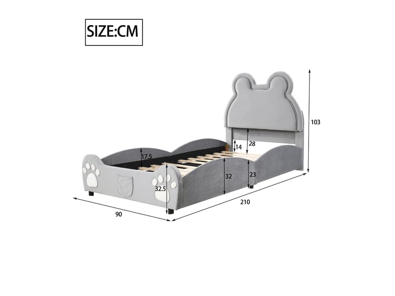 Lit enfant 90x200 cm en velours gris forme ours  - Conforama E