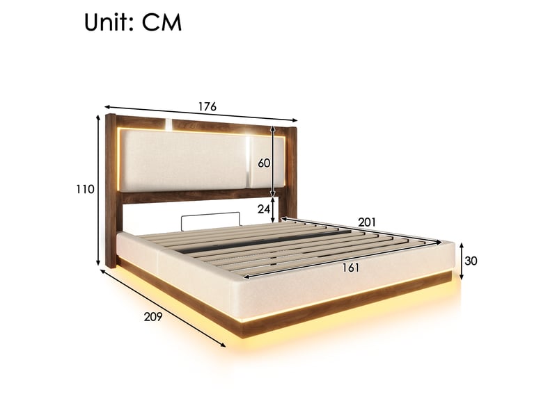  Lit coffre 160x200 cm avec led et sommier à lattes, beige et noyer  - Conforama C