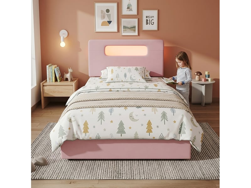  Lit jeune 90x200 cm, lit simple avec 4 tiroirs, tête de lit avec rangement, led, mdf, velours couleur rose, sans matelas  - Conforama B