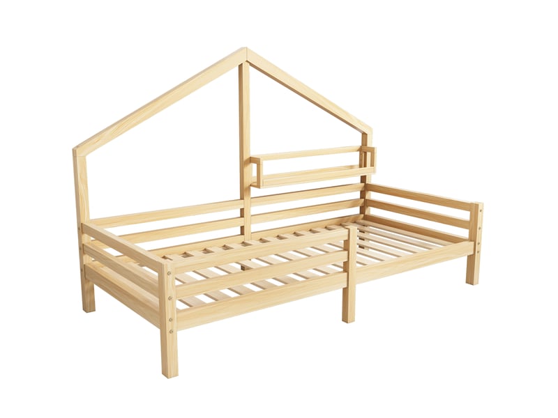 Lit enfant cabane 90 x 200 cm naturel en bois de pin, avec étagère arrière et barrières de sécurité latérales - Conforama D