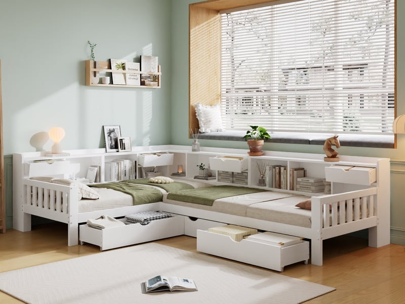  Lit enfant en bois 90 x 200 cm, lit pour deux enfants en forme de l, avec espace de rangement, étagères et tiroirs, blanc  - Conforama B