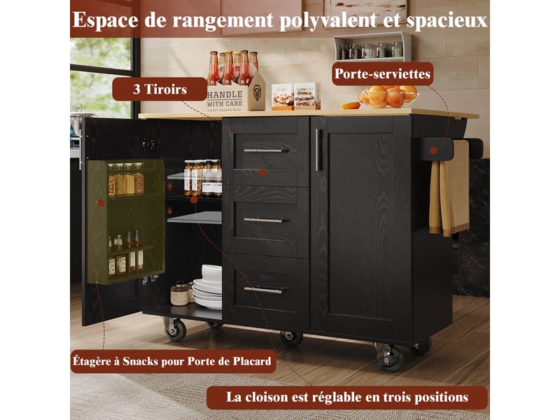 Îlot de cuisine 135x46x90.8cm, desserte avec 2 portes, 3 tiroris, plateau pliable, espace de rangement, roulette, mdf noir - Conforama B