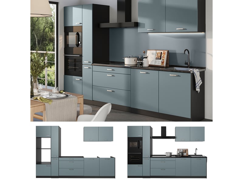  Vicco cuisine, bleu-grisanthracite, 310cm plan de travail chêne doré  - Conforama D