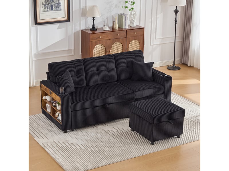  Canapé convertible 196 x 82-144 x 85 cm,coffre de rangement,usb-c, éclairage d’ambiance,porte-gobelets,accoudoirs larges,velours côtelé,noir Bliss Lite - Conforama D