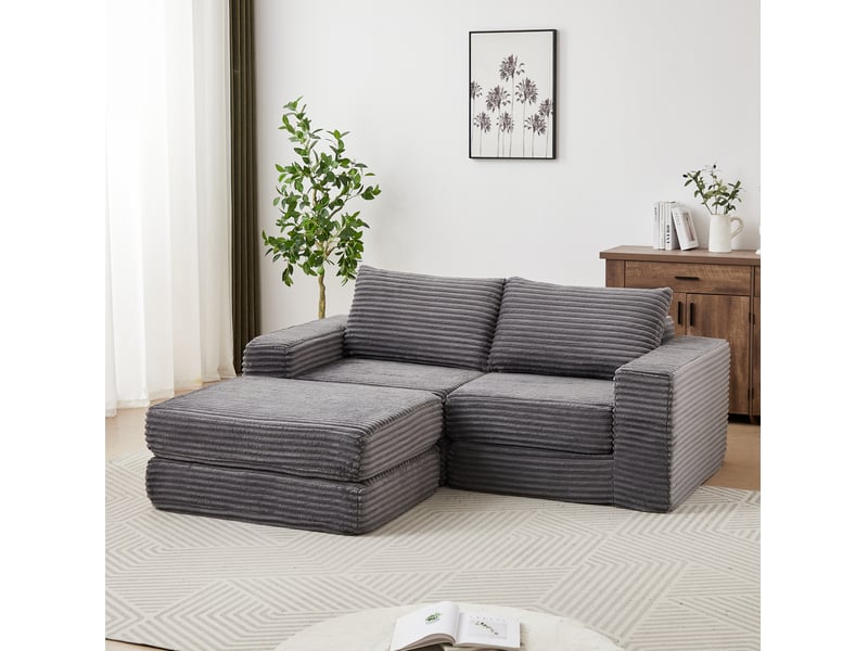  Canapé convertible ulevr 2 places modulable en velours côtelé gris avec repose-pieds amovible, 194 x 169,5 x 74 cm  - Conforama E