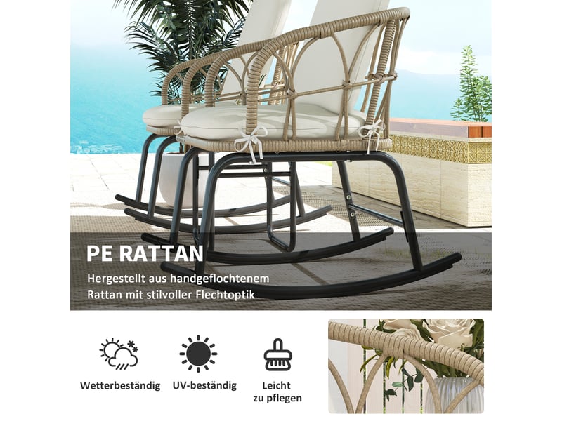  Ensemble détente extérieur avec 2 fauteuils à bascule, 1 table basse et coussins, rotin et acier, jaune  - Conforama E