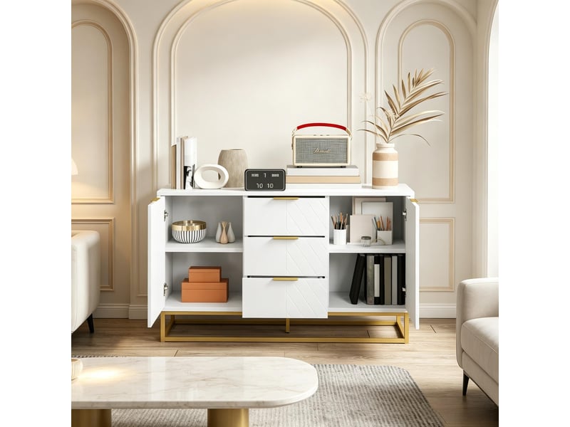  Buffet de rangement 2 portes 3 tiroirs avec étagères réglables - lpospi - piètement métal mdf blanc et or  - Conforama C