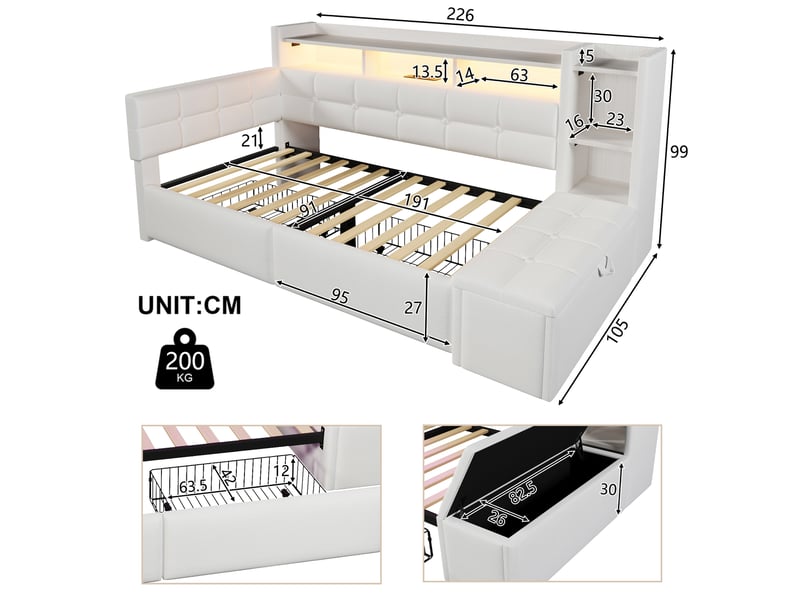  Lit avec rangement rembourré 90x190 cm coloris blanc led velours lit adulte blanc - Conforama C