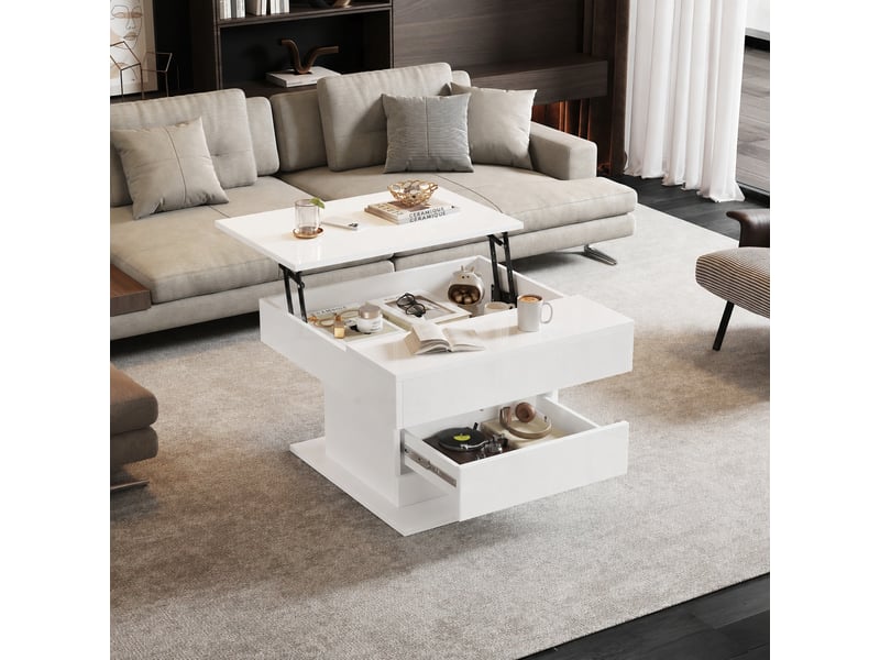  Table basse carrée relevable 70 x 70 cm, plateau pivotant, tiroir et rangement caché, blanc brillant  - Conforama D