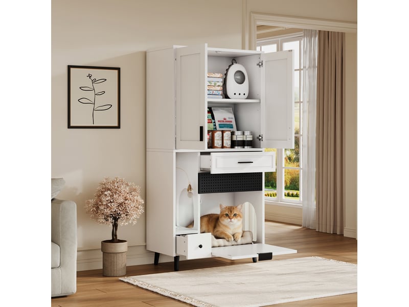  Armoire de rangement pour félins 80x40x161 cm avec étagères réglables, blanche  - Conforama C