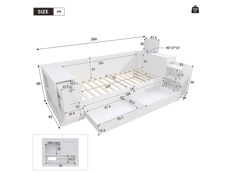  Lit enfant, banquette-lit, 90 x 200 cm, lit simple, lit enfant multifonctionnel avec tiroirs, étagères et espace de rangement, avec table de chevet, sans matelas, blanc  - Conforama C