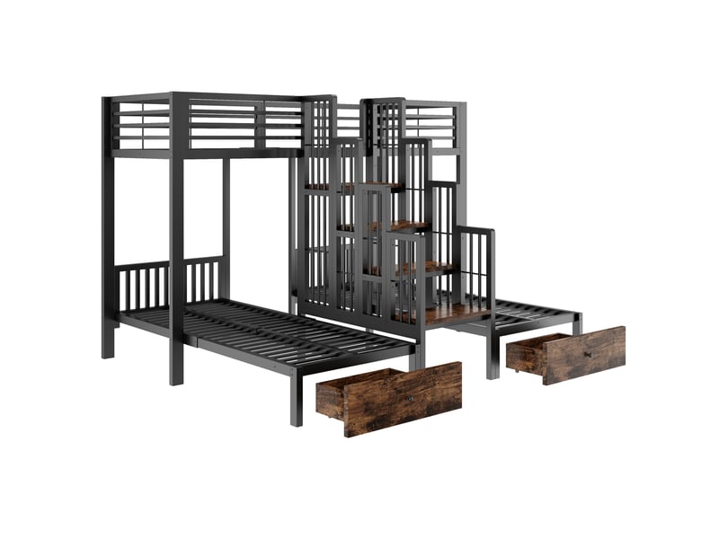  Lit superposé 3 places 90x200 cm avec escalier et tiroirs, métal noir, sans matelas  - Conforama R