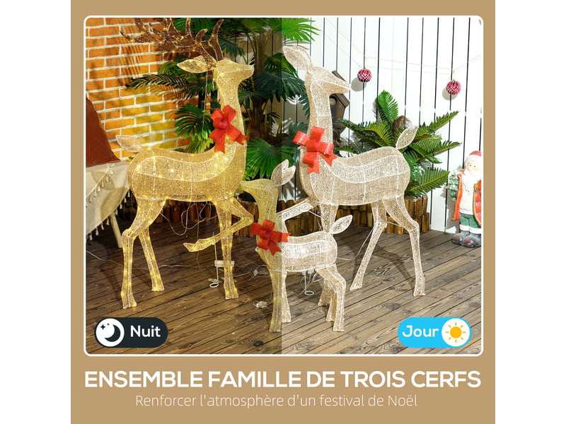  3 cerfs lumineux noël, en forme de famille de cerfs, rennes lumineux noël, 283 led blanc chaud, en acier, or  - Conforama D