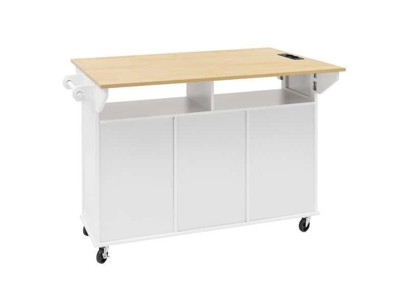 Îlot de cuisine mobile 120 x 40-80 x 92 cm, plateau rabattable, prises, usb-c, rangements, blanc et bois Jamama eleni - Conforama R