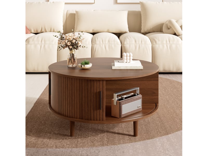  Table basse ronde relevable avec rangement et porte coulissante pour salon en mdf couleur noyer  - Conforama E