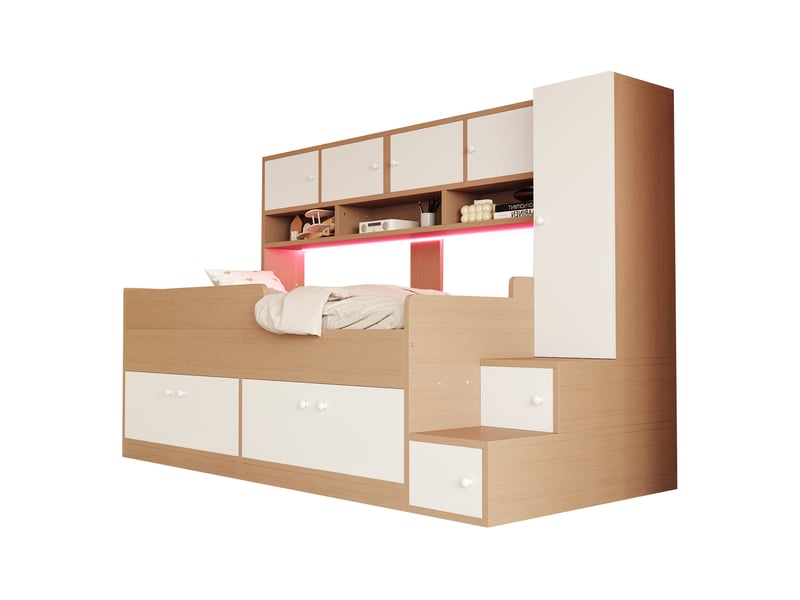 Lit enfant 90x200 cm avec rangement, armoire, led, barrière sécurité, escalier, aggloméré mdf blanc naturel - Conforama A