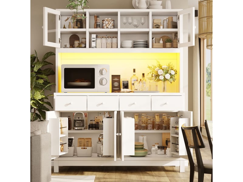 Buffet 140 x 38 x 180 cm portes vitrées 4 tiroirs étagères réglables aspect bois naturel éclairage rgb piloté par application charge maximale 100 kg - Conforama B