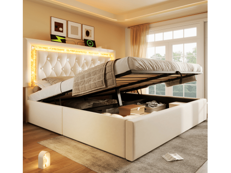  Lit coffre 160 × 200 cm 2 places avec led réglable, usb et type-c, matelas inclus, velours beige  - Conforama B