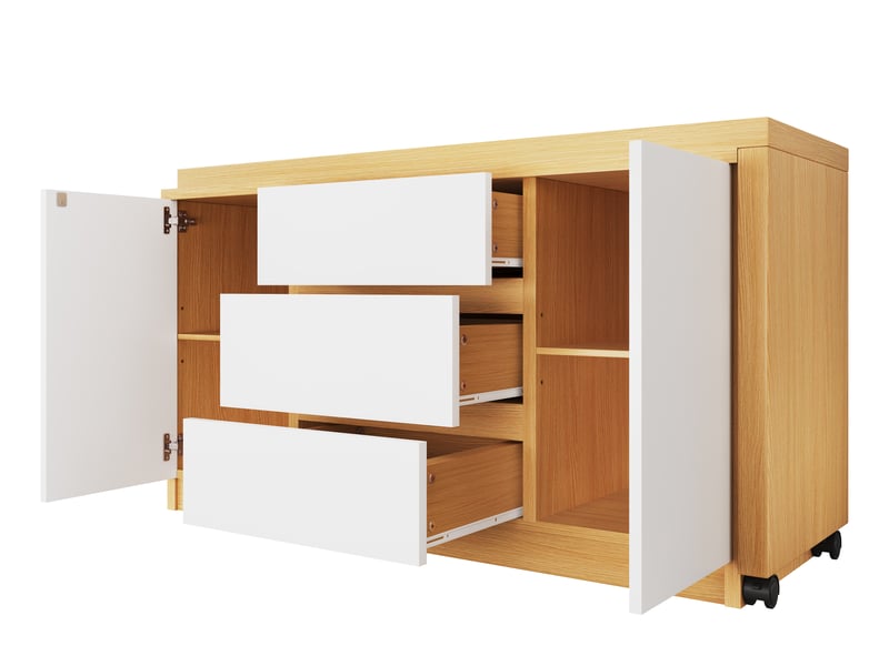  Bureau pivotant à 360 degrés, bureau d'angle modulable avec tiroirs, bureau blanc et chêne pour espace de travail.  - Conforama W