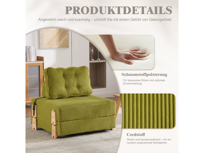  Fauteuil convertible lit single design scandinave cord vert olive structure bois massif 90x86x84cm  - Conforama D